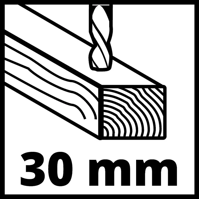 Einhell Taladro percutor TC-ID 720/1 E - 720 W, 2.800 r.p.m., Número máx. de impactos: 44.800 /min - Símbolo para taladrar madera hasta 30mm de profundidad. La imagen muestra una broca perforando un trozo de madera.