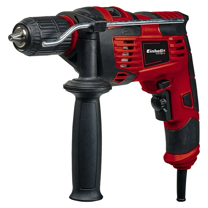 Einhell Schlagbohrmaschine TC-ID 720/1 E - 720 W, 2.800 U/min, Max. Schlagzahl: 44.800 /min - Einhell Schlagbohrmaschine TC-ID 720/1 E, ein rotes und schwarzes Elektrowerkzeug mit Zusatzhandgriff für präzises Bohren.