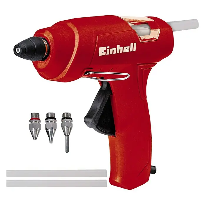 Einhell Classic Heißklebepistole TC-GG 30 - Durchmesser Klebepatrone: 11 mm - Ein rotes Einhell Heißklebegewehr mit verschiedenen Düsen und Klebestiften für vielseitige Bastel- und Reparaturarbeiten.