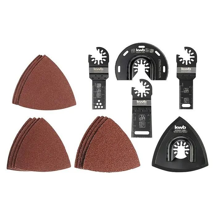 Einhell Zubehör-Set - 17 Stk., 17 -tlg. - Produktfoto eines KWB Multitool-Zubehörsets mit Schleifblättern und Sägeblättern für diverse Anwendungen.
