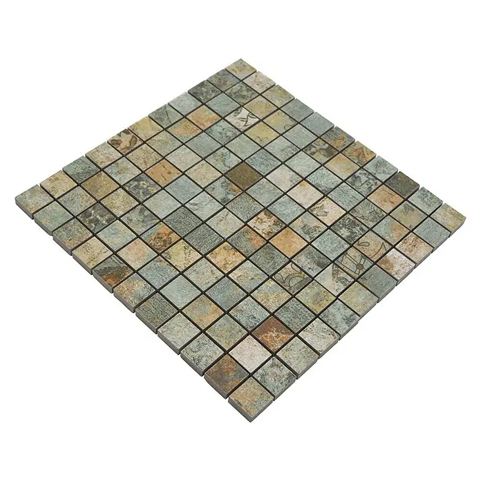 Mosaikfliese Quadrat Curtain 25 Mix CB 25BBG - 29,5 x 29,5 cm, Grün/Beige/Braun, Matt - Nahaufnahme eines Mosaikfliesenmusters mit verschiedenen Farben und Texturen, das ein rustikales und dennoch elegantes Aussehen bietet.