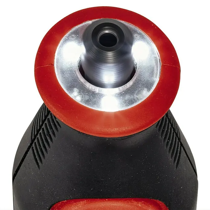 Einhell Akku-Multifunktionswerkzeug - 7,2 V, 1 Akku, 1.500 mAh - Nahaufnahme eines Inspektionswerkzeugs mit LED-Leuchten und rotem Ring, ideal für detaillierte Arbeiten.