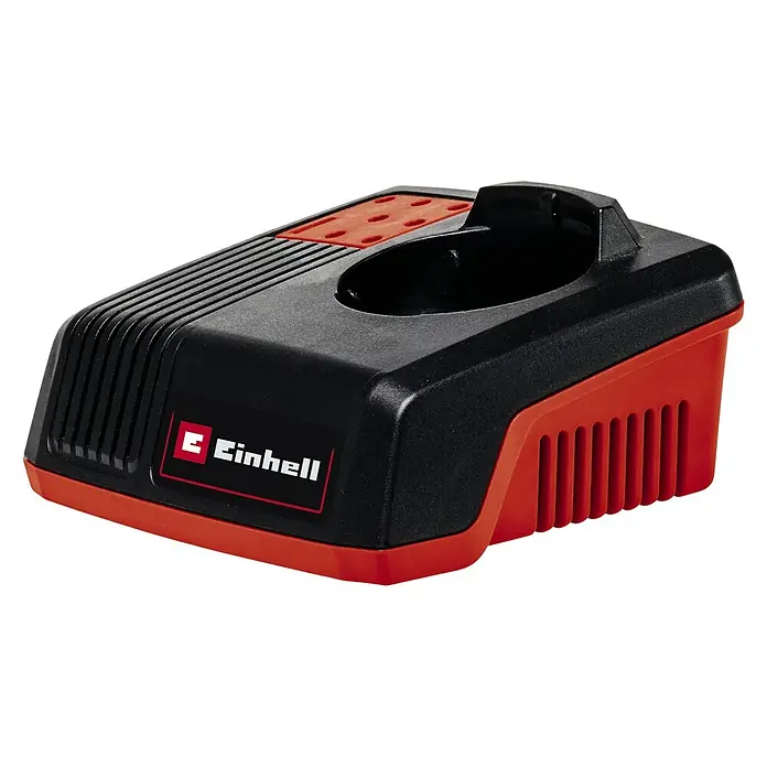 Einhell Akku-Multifunktionswerkzeug - 7,2 V, 1 Akku, 1.500 mAh - Nahaufnahme eines Akku-Ladegeräts der Marke Einhell in Rot und Schwarz, das für Elektrowerkzeuge verwendet wird.