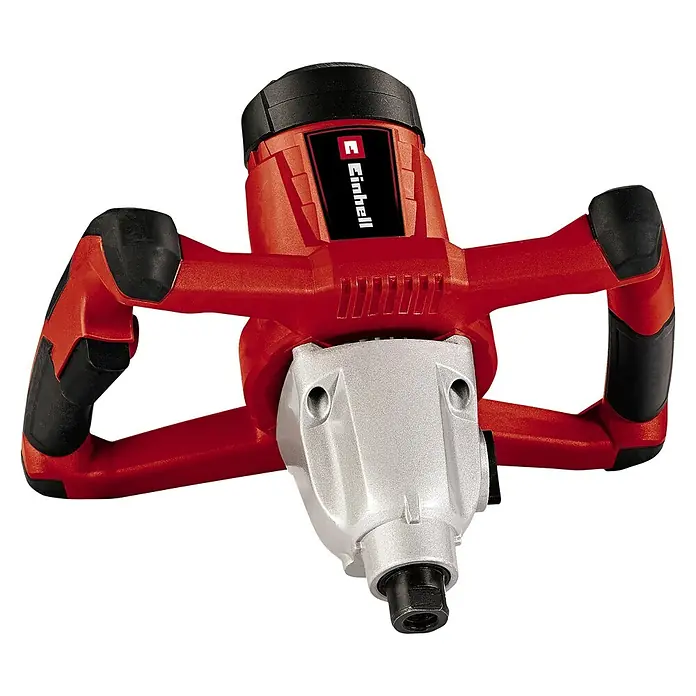 Einhell Expert Farb- & Mörtelrührer TE-MX 1600-2 CE - M 14, 1.600 W - Nahaufnahme eines roten Einhell Rührwerks für Bauarbeiten. Das Gerät ist für das Mischen von Materialien konzipiert.