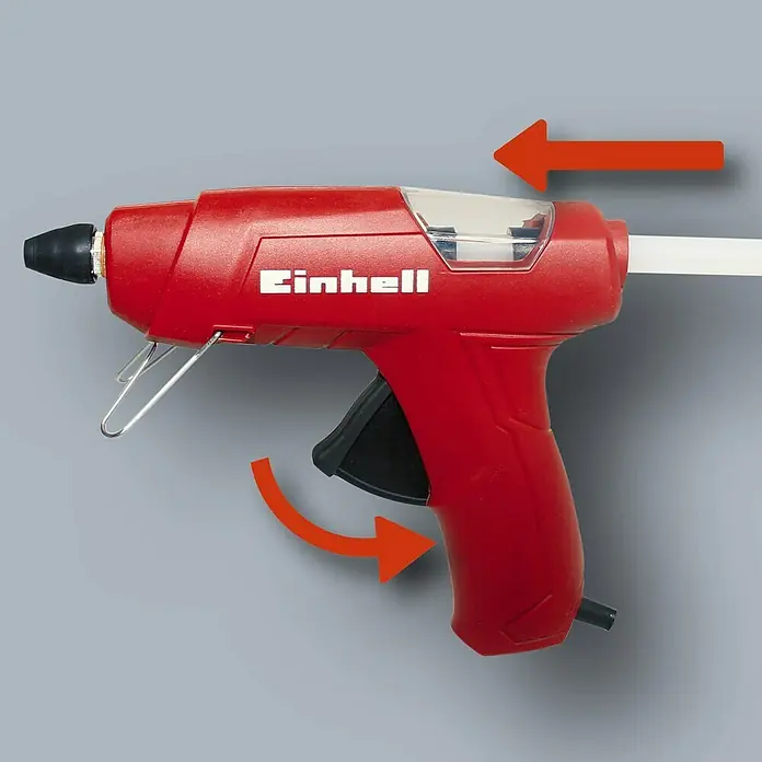 Einhell Classic Heißklebepistole TC-GG 30 - Durchmesser Klebepatrone: 11 mm - Ein rotes Einhell Heißklebepistole mit Hinweispfeilen zur Bedienung.