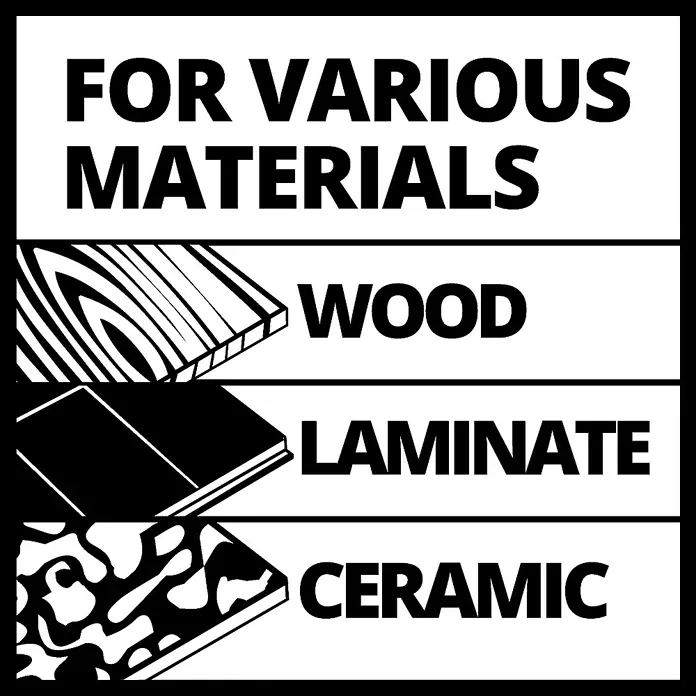 Einhell Classic Mini-Handkreissäge TC-CS 89 - 600 W, Durchmesser Sägeblatt: 89 mm, Leerlaufdrehzahl: 7.200 U/min - Illustration für verschiedene Materialien: Holz, Laminat und Keramik.
