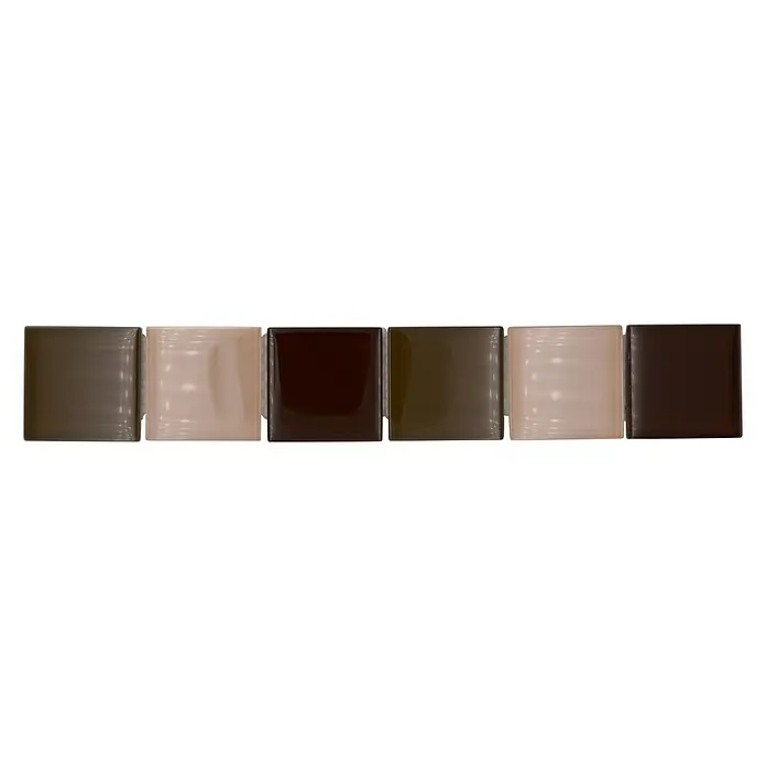 Fliesenbordüre Vision BO NB19482 - 4,8 x 30 cm, Mix Beige/Braun, Glänzend - Farbpalette von sechs quadratischen Glasfliesen in verschiedenen Braun-, Beige- und Olivtönen für Innenarchitekturprojekte.