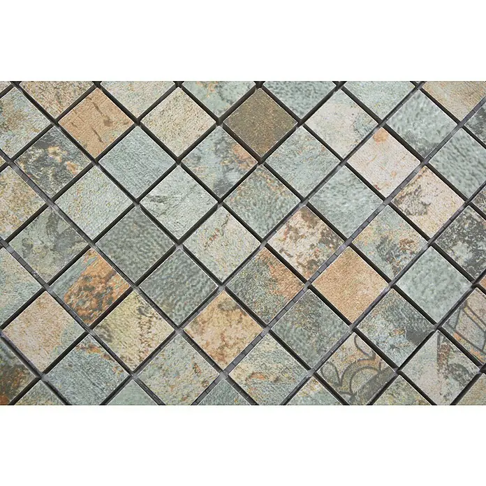 Mosaikfliese Quadrat Curtain 25 Mix CB 25BBG - 29,5 x 29,5 cm, Grün/Beige/Braun, Matt - Nahaufnahme von quadratischen Mosaikfliesen in Grün-, Braun- und Beigetönen, die ein dekoratives Muster für Wand- oder Bodengestaltung bilden.