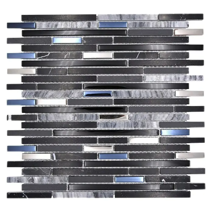 Mosaikfliese Verbund Crystal Mix XBH SV73 - 30 x 30 cm, Schwarz/Silber, Glänzend - Eine Nahaufnahme eines Mosaikfliesen-Designs mit Grau-, Schwarz-, Silber- und Blautönen, perfekt für stilvolle Akzente in jedem Raum.