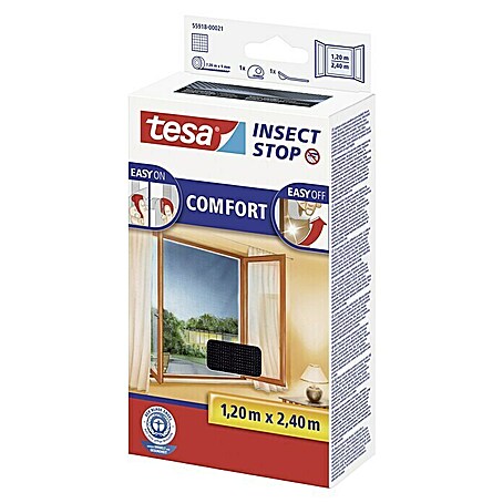 Tesa Insect Stop Insektenschutzgitter (Farbe Gewebe: Anthrazit, L x B: 240 x 120 cm, Passend für: Bodentiefe Fenster, Klettbefestigung)
