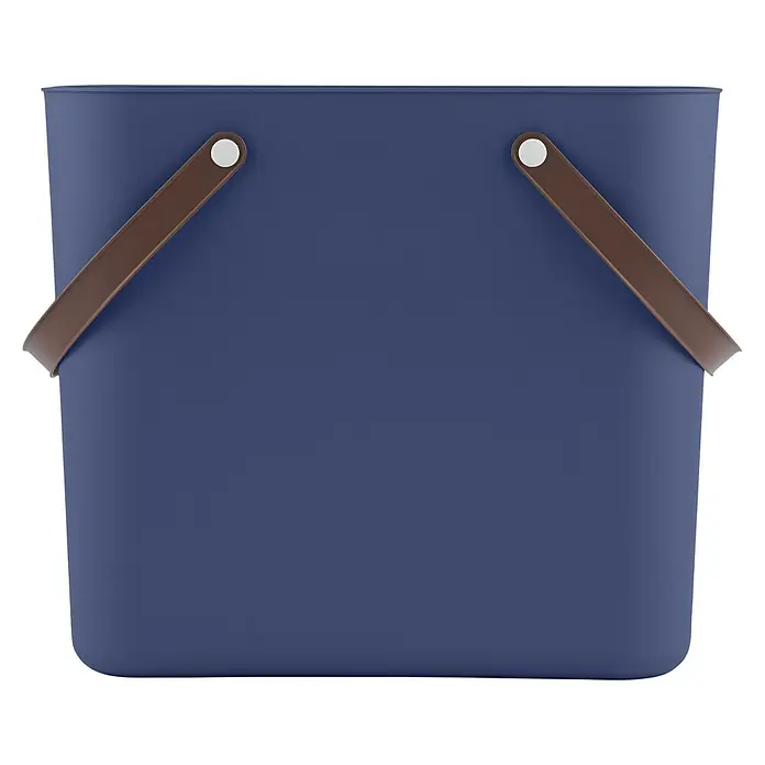Rotho Albula Tasche Multibag Classic - 25 l, Dunkelblau, Kunststoff - Eine dunkelblaue Aufbewahrungsbox mit braunen Griffen, ideal für Organisation und stilvolle Aufbewahrungslösungen im Haushalt.