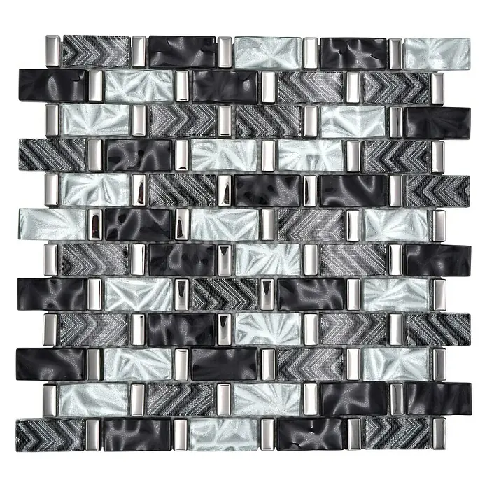 Mosaikfliese Rechteck Crystal Mix XCM MW10 - 31 x 30 cm, Grau/Schwarz, Glänzend - Nahaufnahme von silbernen, schwarzen und grauen Mosaikfliesen.