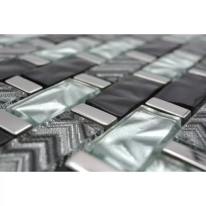 Mosaikfliese Rechteck Crystal Mix XCM MW10 - 31 x 30 cm, Grau/Schwarz, Glänzend - Detailaufnahme
