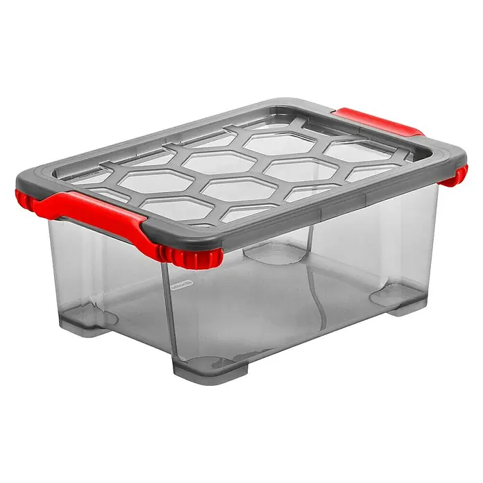 Rotho Aufbewahrungsbox Evo Total - L x B x H: 39,3 x 28,3 x 16 cm, Fassungsvermögen: 11 l, Kunststoff, Farbe Deckel: Transparent - Ein durchsichtiger Aufbewahrungsbehälter mit einem grauen Deckel mit rotem Griff, ideal für die Organisation.