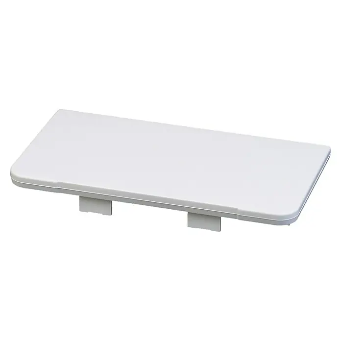 Endstück - Reinweiß, Passend für: Brüstungskanal BR 70 x 130 mm - Nahaufnahme einer weißen Abdeckung mit abgerundeten Ecken und zwei Befestigungslaschen, ideal für Installationen.