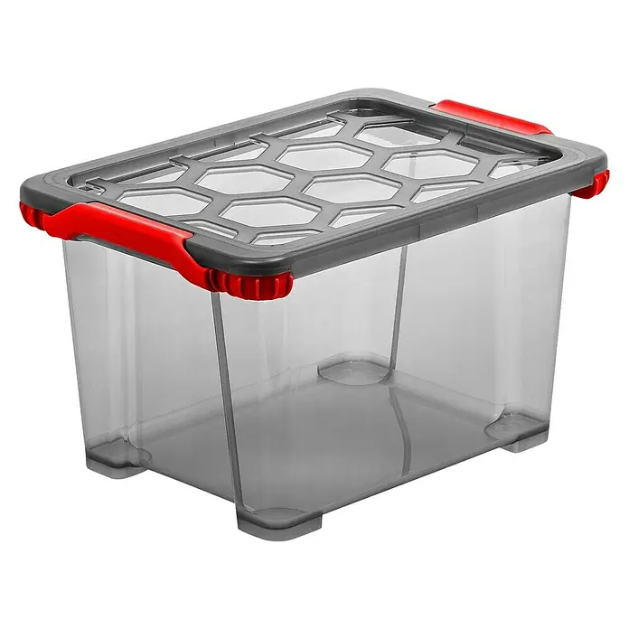Rotho Aufbewahrungsbox Evo Total - L x B x H: 39,3 x 28,3 x 23 cm, Fassungsvermögen: 15 l, Kunststoff, Farbe Deckel: Transparent - Bild einer transparenten Aufbewahrungsbox mit grauem Deckel und roten Griffen, ideal für die Lagerung verschiedener Gegenstände.