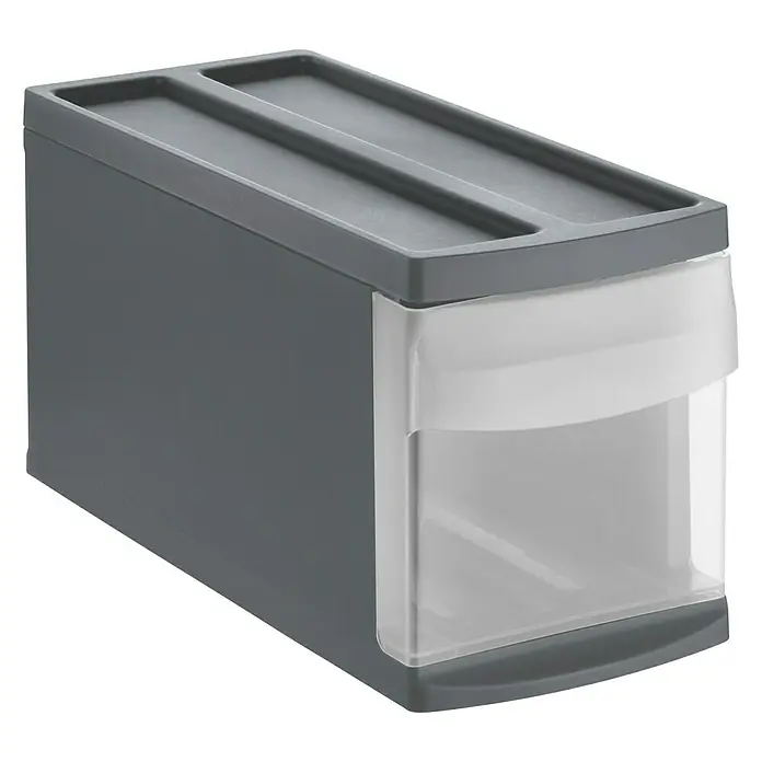 Rotho Schubladenbox Systemix S - L x B x H: 39,5 x 17 x 20,3 cm, Anthrazit, Anzahl Schubladen: 1 Stk. - Auf dem Bild ist ein grauer Schubladen-Organizer mit transparentem Auszug zu sehen, der ideal für die Aufbewahrung von Kleinigkeiten ist.