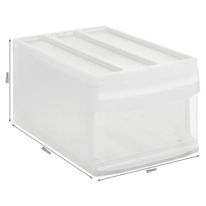Rotho Schubladenbox Systemix M - L x B x H: 39,5 x 25,5 x 20,3 cm, Transparent, Anzahl Schubladen: 1 Stk. - Bild einer transparenten Aufbewahrungsbox aus Kunststoff mit den Maßen 395mm x 255mm x 203mm.