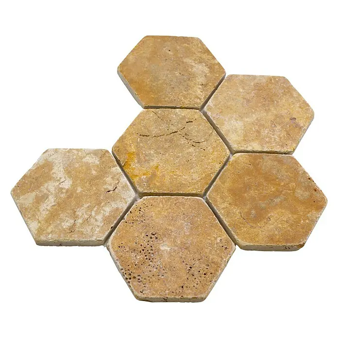 Mosaikfliese Hexagon XNT HX151 - 19,9 x 26,2 cm, Gold, Matt - Sechseckige Travertinfliesen in verschiedenen Brauntönen mit einzigartigen Mustern, ideal für stilvolle Wand- und Bodengestaltung.