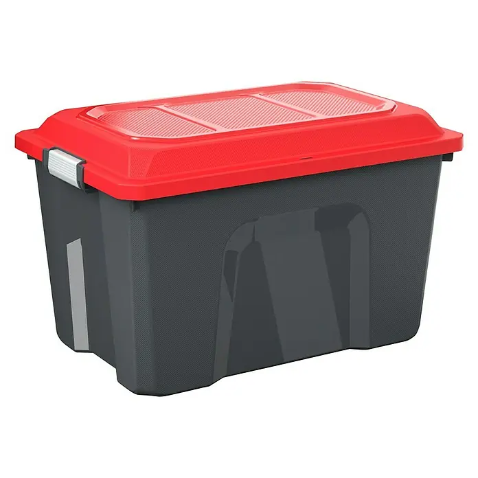 Rotho Aufbewahrungsbox Locker - L x B x H: 58,5 x 38,5 x 35 cm, Kunststoff, Schwarz - Ein robuster grauer Lagerbehälter mit einem auffälligen roten Deckel. Ideal für die Organisation und Aufbewahrung von Gegenständen.