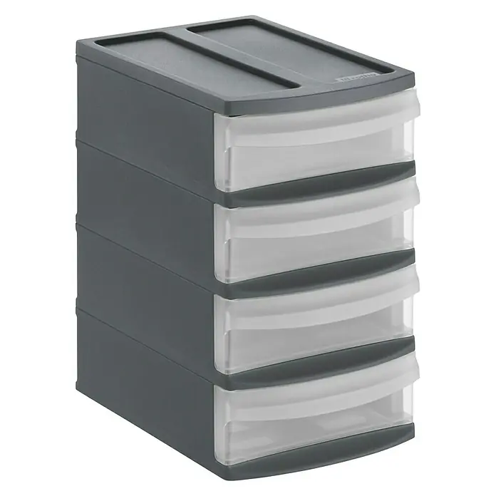 Rotho Schubladenbox Systemix XS - L x B x H: 19,6 x 14,1 x 23,3 cm, Anthrazit, Anzahl Schubladen: 4 Stk. - Bild einer grauen Schubladenbox mit vier transparenten Schubladen, ideal zur Aufbewahrung von Büroartikeln.