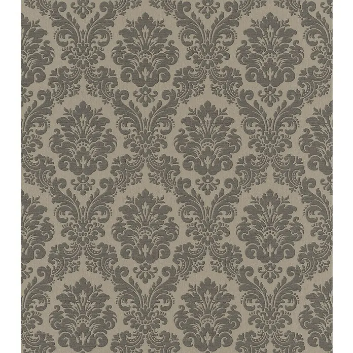 Rasch Trianon XIII Vliestapete BarockTaupe, Ornament, 10,05 x 0,53 m - Elegantes Damastmuster in Grau und Beige. Dieses detailreiche Textildesign verleiht jedem Raum einen Hauch von klassischer Eleganz und zeitloser Schönheit.