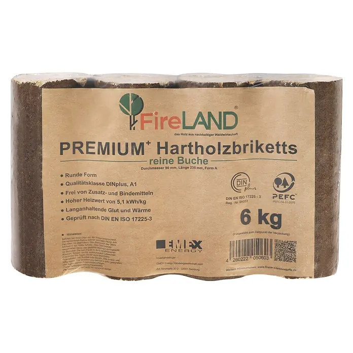 Fireland Holzbriketts Premium - 6 kg, Buche - Brikett aus Hartholz von Fireland: Premium-Qualität, reine Buche, runde Form, 6 kg. Ideal für nachhaltige Wärme.