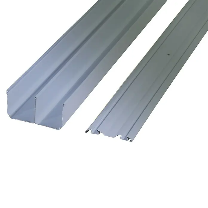Optimum Schiebetür-Bau-Set - Passend für: Optimum Schiebetür-Sets, 360 cm - Das Bild zeigt zwei graue Aluminiumprofile unterschiedlicher Form, die sich für Konstruktions- und Bauprojekte eignen.