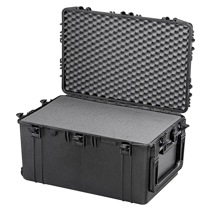 Wasserdichter Koffer MAX750 - L x B x H: 816 x 540 x 436 mm, Mit Würfelschaumstoffeinlage, Schwarz, Kunststoff - Schwarzer Schutzkoffer mit offener Oberseite, der mit Schaumstoff ausgekleidet ist, um Geräte sicher zu transportieren und lagern.
