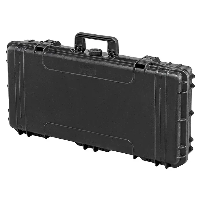 Wasserdichter Koffer MAX800 - L x B x H: 850 x 440 x 158 mm, Mit Würfelschaumstoffeinlage, Passend für: Waffen, Schwarz, Kunststoff - Abbildung eines schwarzen, robusten Transportkoffers mit Griff und stabilen Verschlüssen, ideal für den sicheren Transport empfindlicher Güter.