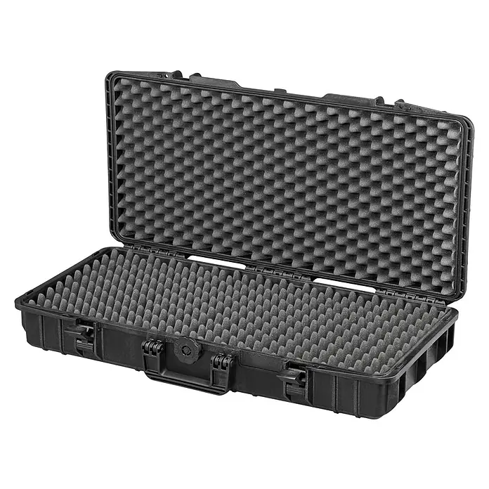 Wasserdichter Koffer MAX800 - L x B x H: 850 x 440 x 158 mm, Mit Noppenschaumstoffeinlage, Passend für: Waffen, Schwarz, Kunststoff - Geöffneter, stoßfester, schwarzer Schutzkoffer mit Noppenschaumstoffeinlage für sicheren Transport empfindlicher Gegenstände.