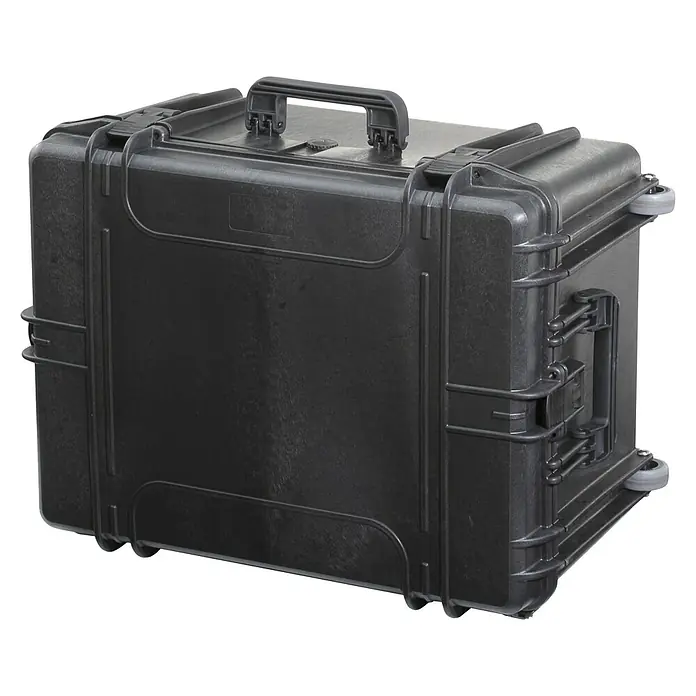 Wasserdichter Koffer MAX540 - L x B x H: 594 x 473 x 270 mm, Ohne Schaumstoffeinlage, Schwarz, Kunststoff - Eine robuste, schwarze Transportkiste mit Tragegriff und Rollen für den einfachen Transport von Ausrüstung.