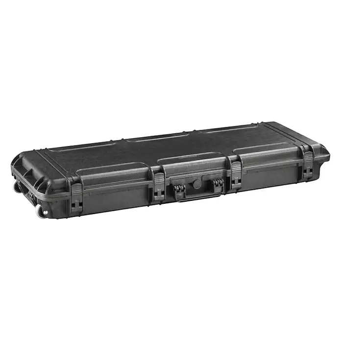 Wasserdichter Koffer MAX1100 - L x B x H: 1.177 x 450 x 158 mm, Mit Würfelschaumstoffeinlage, Passend für: Waffen, Schwarz, Kunststoff - Schwarzer Transportkoffer mit Rollen und Tragegriff, ideal für den sicheren Transport empfindlicher Ausrüstung.