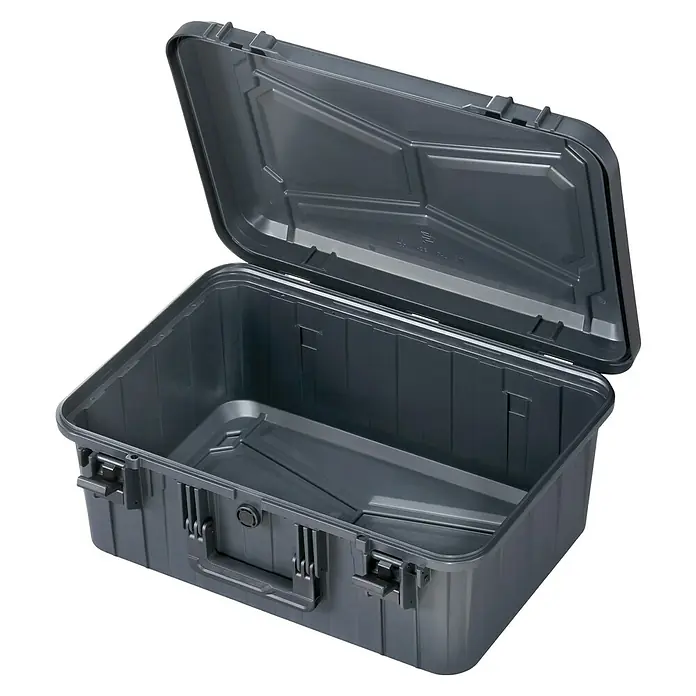 Wasserdichter Koffer EKO90D - L x B x H: 520 x 350 x 210 mm, Ohne Schaumstoffeinlage, Grau, Kunststoff - Geöffnete, graue Werkzeugkiste mit robustem Design, ideal für den sicheren Transport von Werkzeugen und Ausrüstung.