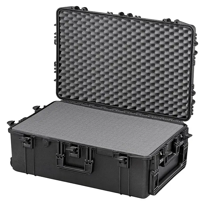 Wasserdichter Koffer MAX750 - L x B x H: 816 x 540 x 316 mm, Mit Würfelschaumstoffeinlage, Schwarz, Kunststoff - Schwarzer, offener Hartschalenkoffer mit Noppenschaumstoffeinlage zum Schutz empfindlicher Geräte. Robust und zuverlässig.