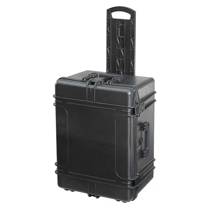 Wasserdichter Koffer MAX620TR - L x B x H: 687 x 528 x 376 mm, Mit Würfelschaumstoffeinlage, Ausziehbarer Trolley, Schwarz, Kunststoff - Robuster schwarzer Rollkoffer mit ausziehbarem Griff für sicheren Transport von Ausrüstung. Ideal für Reisen und den Einsatz im Freien.