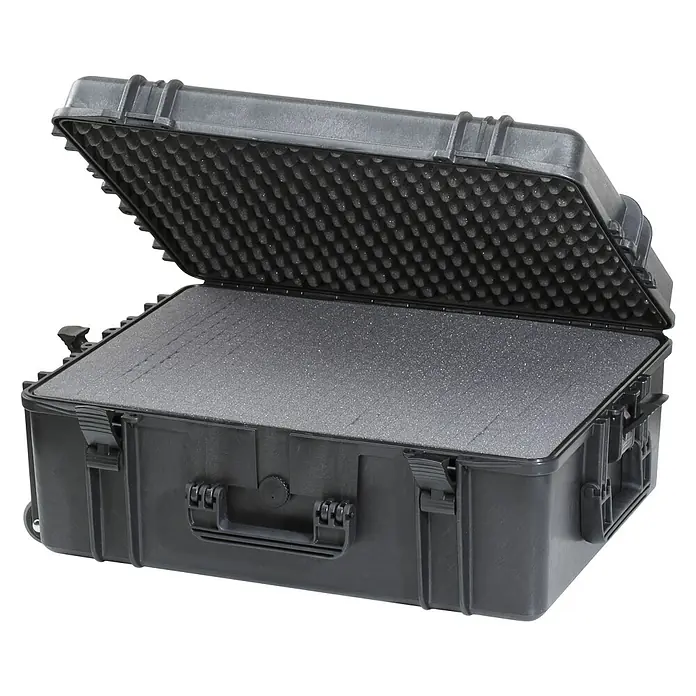 Wasserdichter Koffer MAX620TR - L x B x H: 687 x 528 x 286 mm, Mit Würfelschaumstoffeinlage, Ausziehbarer Trolley, Schwarz, Kunststoff - Offener, stoßfester Transportkoffer in Schwarz mit Schaumstoffeinlage zum sicheren Transport empfindlicher Gegenstände.