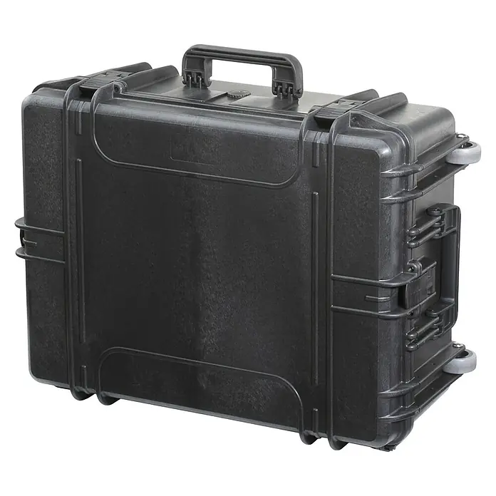 Wasserdichter Koffer MAX620 - L x B x H: 687 x 528 x 276 mm, Ohne Schaumstoffeinlage, Schwarz, Kunststoff - Eine schwarze, robuste Transportkiste mit Tragegriff und Rollen, ideal für den sicheren Transport empfindlicher Ausrüstung.