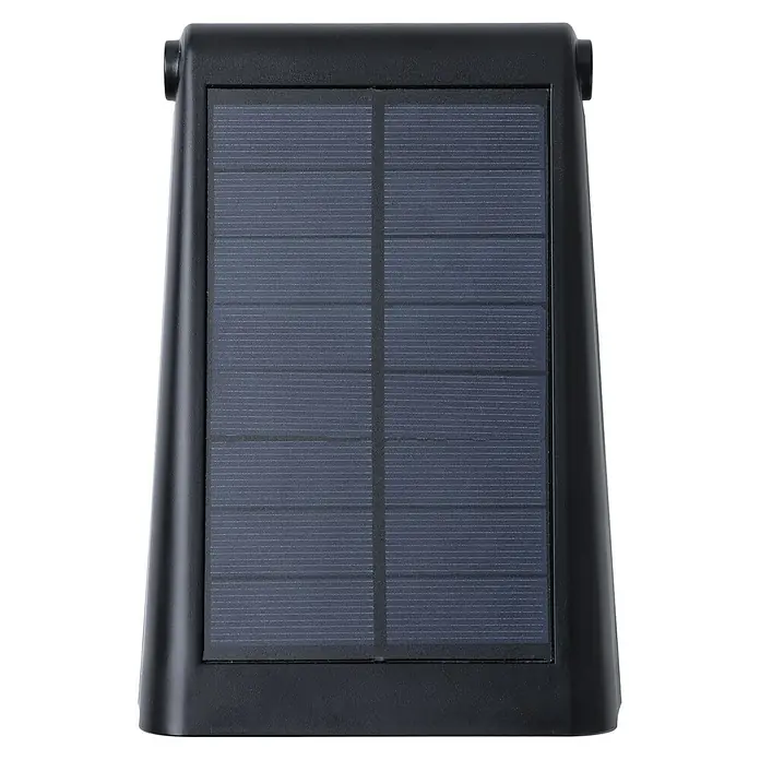 Arte confort Aplique solar para exterior Perseo - 2 W, L x An x Al: 11,7 x 8 x 16,9 cm, Negro, IP65, 200 lm - Primer plano de una lámpara de panel solar con carcasa negra y célula solar rectangular.