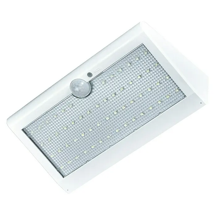 Arte confort Aplique solar para exterior Osiris - L x An x Al: 11,5 x 22 x 6 cm, Blanco, IP54, 900 lm - Una luz solar blanca con sensor de movimiento y numerosos LED, diseñada para uso exterior.