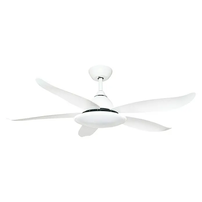 Arte confort Ventilador de techo Paris - Blanco, 122 cm, 35 W, Blanco neutro - Un ventilador de techo blanco con cinco aspas y una luz redonda en el centro, aislado sobre un fondo negro.