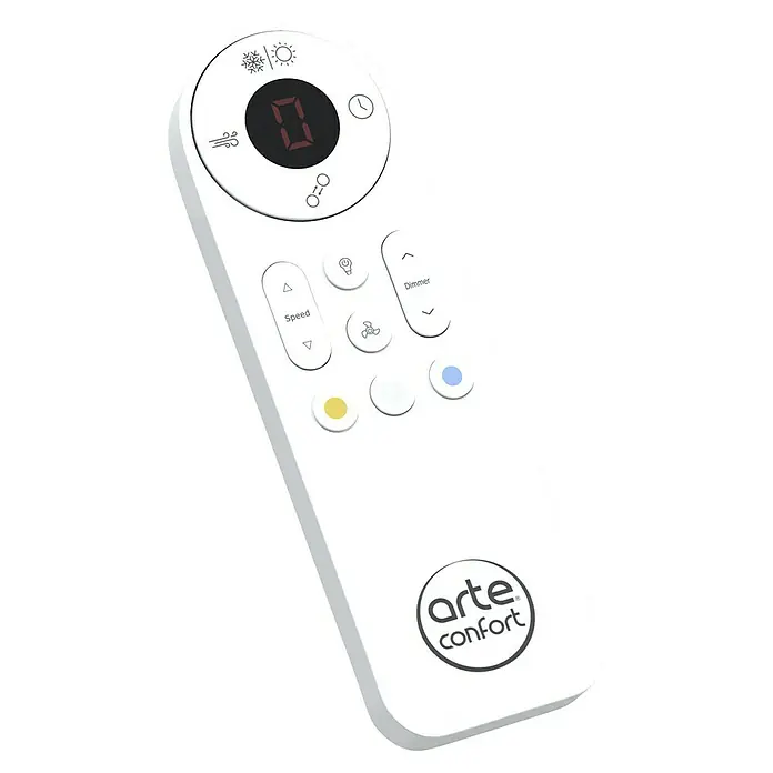 Arte confort Ventilador de techo Adra - Negro mate, 132 cm, Blanco neutro - Esta imagen muestra un mando a distancia blanco de Arte Confort para controlar un ventilador de techo. Tiene varios botones y una pequeña pantalla.