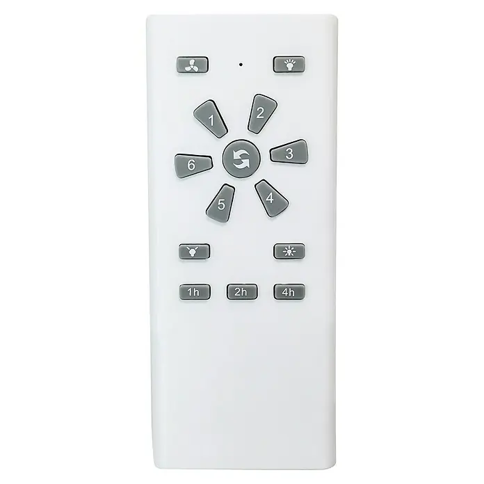 Arte confort Ventilador de techo Baquio - Blanco mate, 132 cm, 18 W, Blanco neutro - Primer plano de un mando a distancia blanco para ventilador de techo con varios botones para controlar la velocidad, la luz y el temporizador.