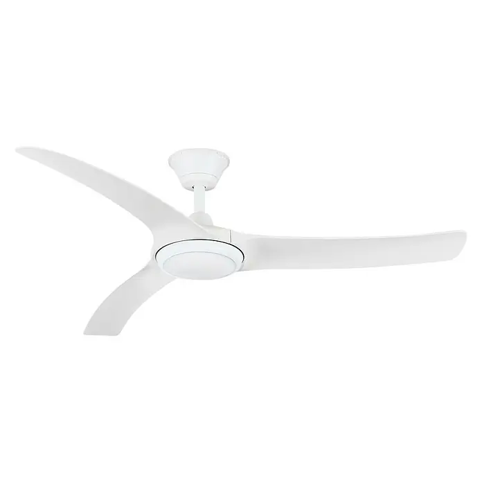 Arte confort Ventilador de techo Baquio - Blanco mate, 132 cm, 18 W, Blanco neutro - Imagen de un ventilador de techo blanco, moderno y elegante, con luz LED integrada, sobre un fondo negro neutro.