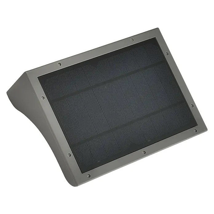 Arte confort Aplique solar para exterior Fenix - 9 W, L x An x Al: 16 x 22 x 7,9 cm, Gris, IP54, 1.300 lm - Primer plano de un panel solar rectangular, con marco gris y seis tornillos visibles.