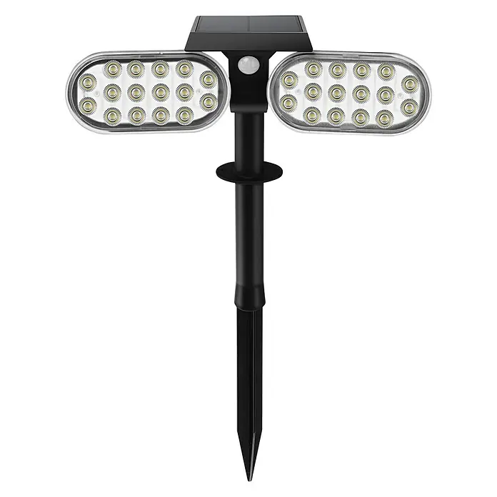 Arte confort Estaca solar Seth Duo - 2 W, L x An x Al: 15 x 28,5 x 33 cm, Negro, IP65, 600 lm - Imagen de una lámpara solar LED negra para jardín, perfecta para iluminar caminos o plantas con dos cabezales de lámpara ajustables.