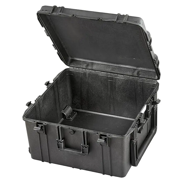 Wasserdichter Koffer MAX615 - L x B x H: 680 x 675 x 393 mm, Ohne Schaumstoffeinlage, Schwarz, Kunststoff - Stabile schwarze Transportbox mit geöffnetem Deckel, ideal für den sicheren Transport empfindlicher Ausrüstung.