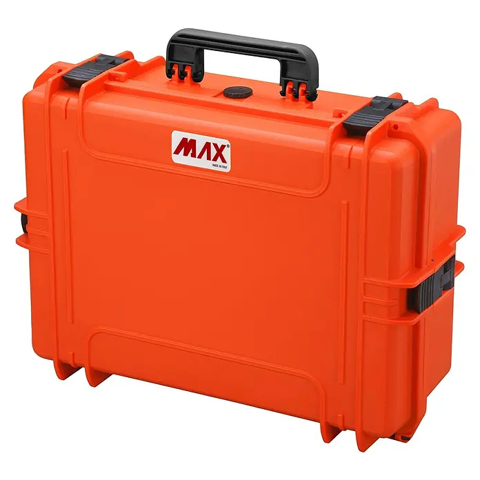 Wasserdichter Koffer MAX505TR - L x B x H: 555 x 445 x 258 mm, Ohne Schaumstoffeinlage, Ausziehbarer Trolley, Orange, Kunststoff - Orangefarbener Max-Schutzkoffer mit schwarzem Griff und Verschlüssen, ideal für den sicheren Transport von Ausrüstung.