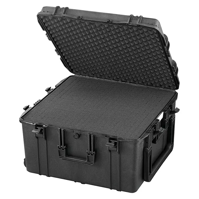 Wasserdichter Koffer MAX615STR - L x B x H: 680 x 675 x 393 mm, Mit Würfelschaumstoffeinlage, Ausziehbarer Trolley, Schwarz, Kunststoff - Schwarzer, wasserdichter Schutzkoffer mit Noppenschaumstoffeinlage, ideal für den sicheren Transport empfindlicher Geräte.