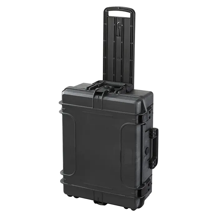 Wasserdichter Koffer MAX540TR - L x B x H: 604 x 473 x 225 mm, Mit Würfelschaumstoffeinlage, Ausziehbarer Trolley, Schwarz, Kunststoff - Schwarzer Rollkoffer mit ausziehbarem Griff, ideal für den Transport von Ausrüstung und Wertgegenständen. Robust und wetterfest.
